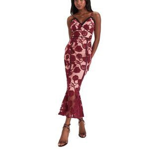 Lulus Alluring dream Burgundy & Nude Floral Lace Midi Dress Scalloped V-Neck M